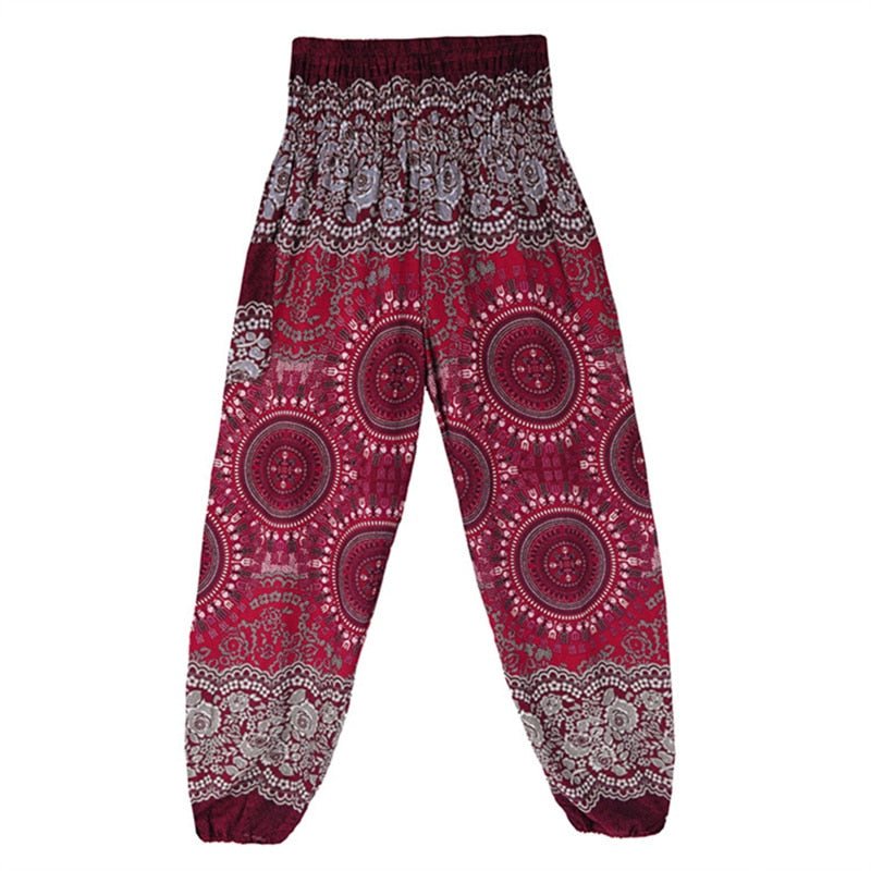 Women's Hippie Yoga Pants | Bohemian Red Circle Design | Free Size