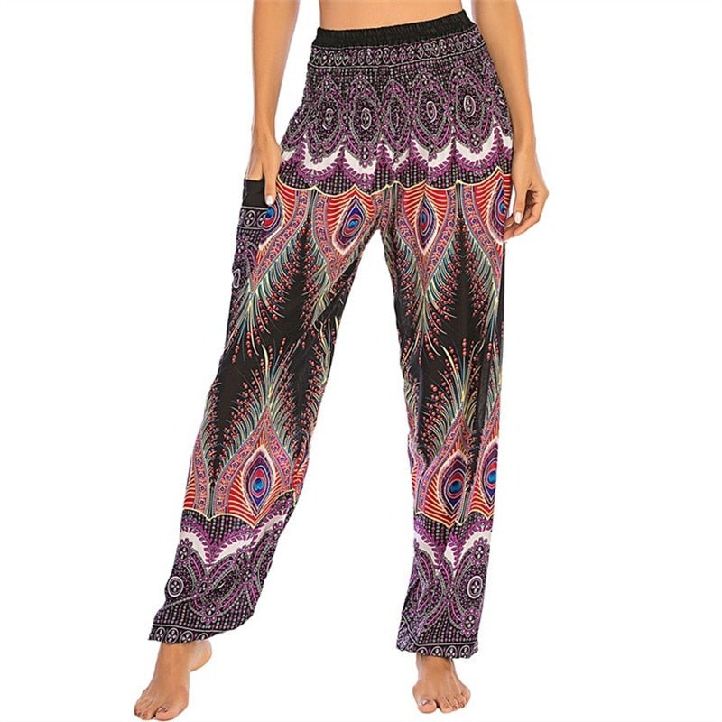 Women's Hippie Yoga Pants | Black Peacok Design | Free Size