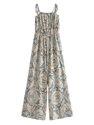 Women's Full Length Red Floral Printed Boho Jumpsuit | Strapless + V-neck | S-L