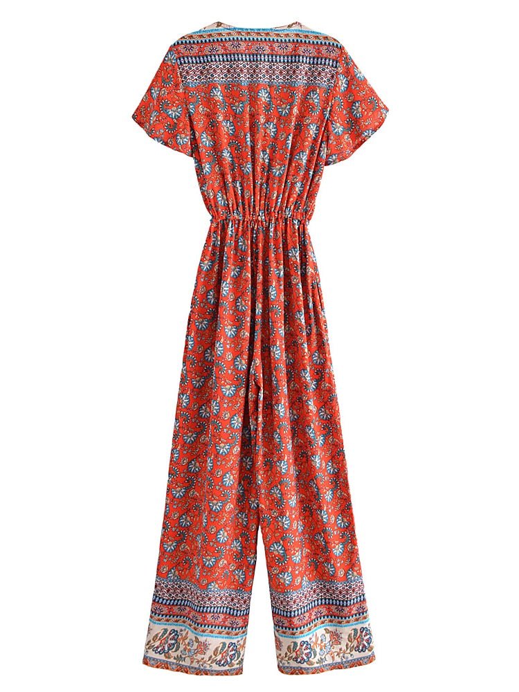 Women's Full Length Red Floral Printed Boho Jumpsuit | Short Sleeve + V-neck | S-L
