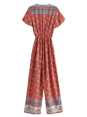 Women's Full Length Red Floral Printed Boho Jumpsuit | Short Sleeve + V-neck | S-L
