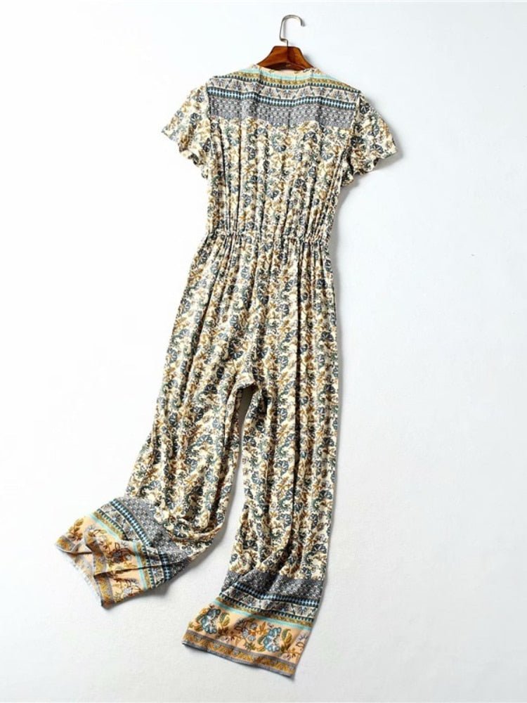 Women's Full Length Multi-Colour Floral Printed Boho Jumpsuit | Short Sleeve + V-neck | S-L
