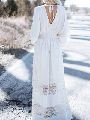 Women's White Lace Bohemian Beach Maxi Dresses | S-L