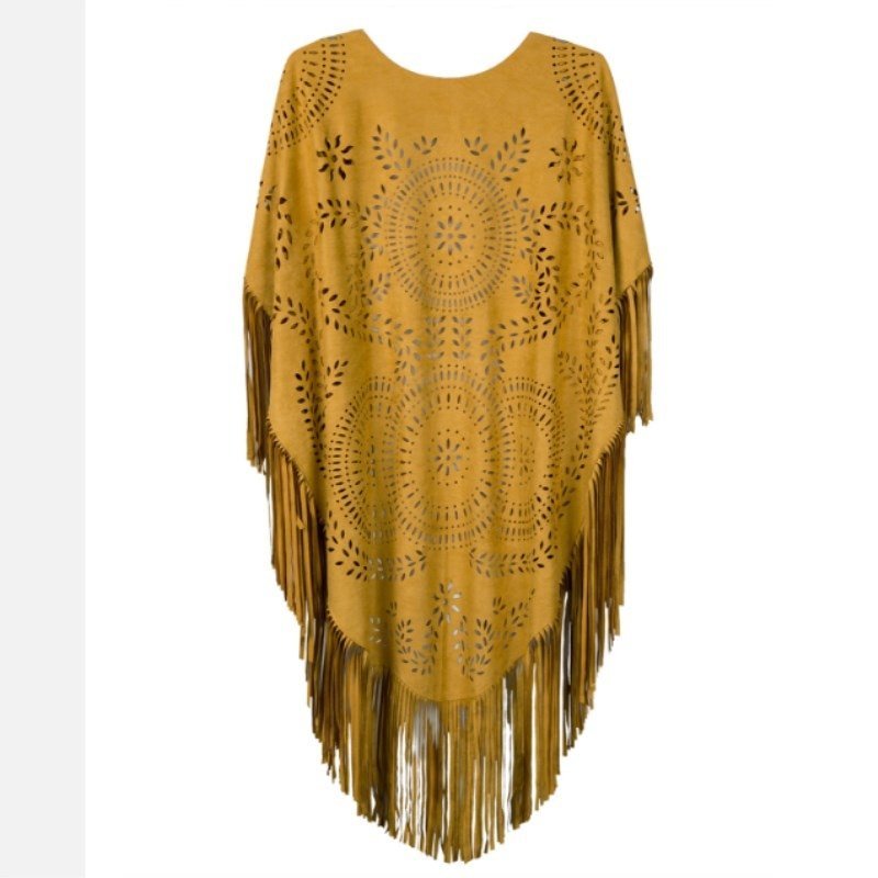 Women's Golden Bohemian Cardigan Cloak With Tassels | Hollowed Out | Free Size