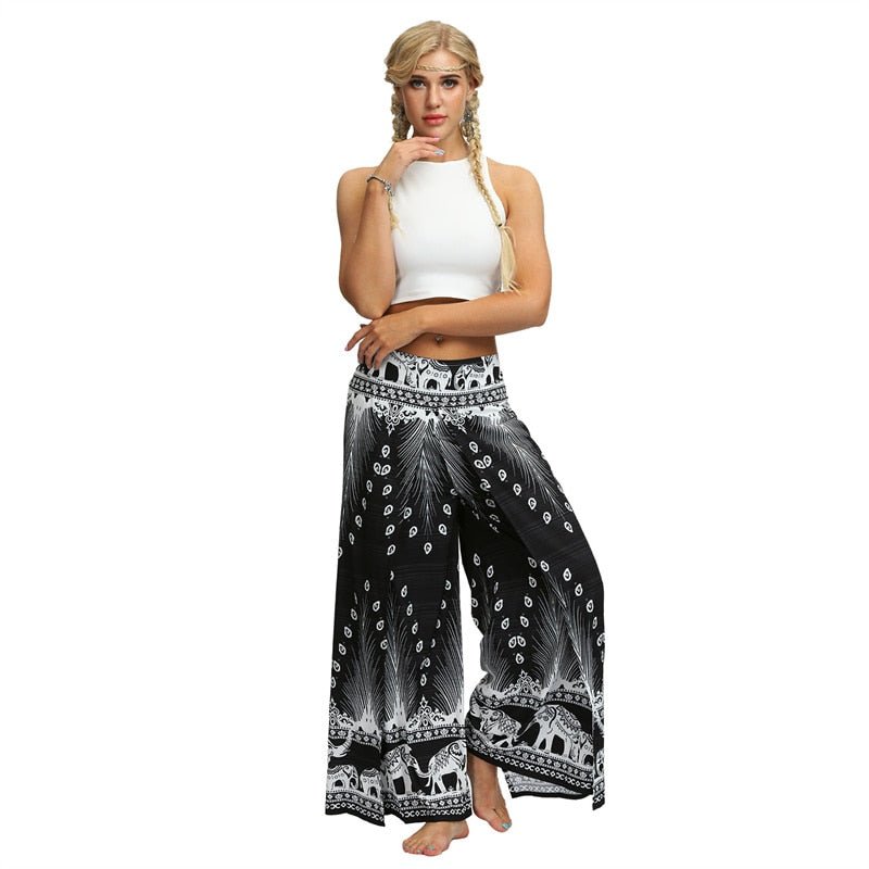 Women's Casual Slit Wide Leg Hippie Boho Pants | Peacok Black Design | S-L