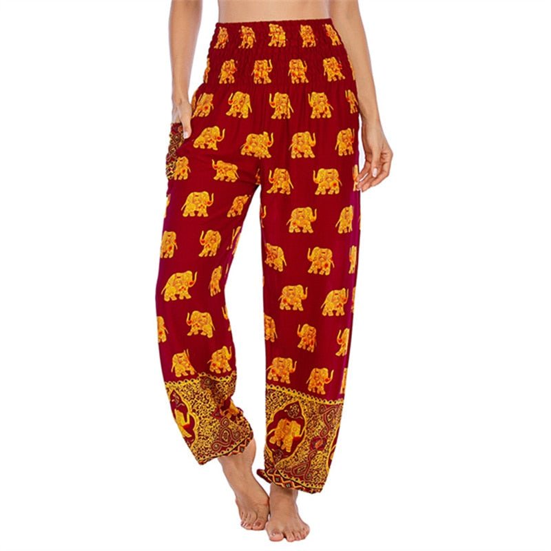 Women's Hippie Yoga Pants | Dark Red & Yellow Thai Design | Free Size