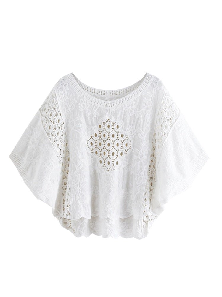 Vintage Women's Lace Embroidery Top | Batwing Sleeves | Free Size