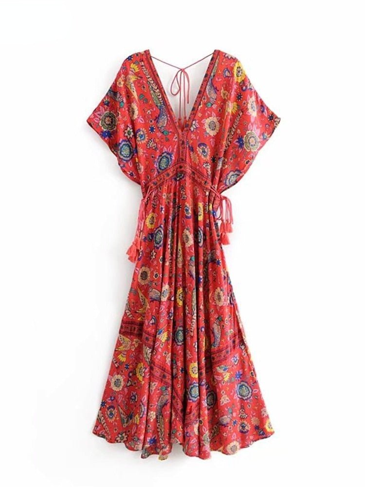 Women's Vintage Peacock Bohemian Maxi Dress | V-Neck | Various Colours