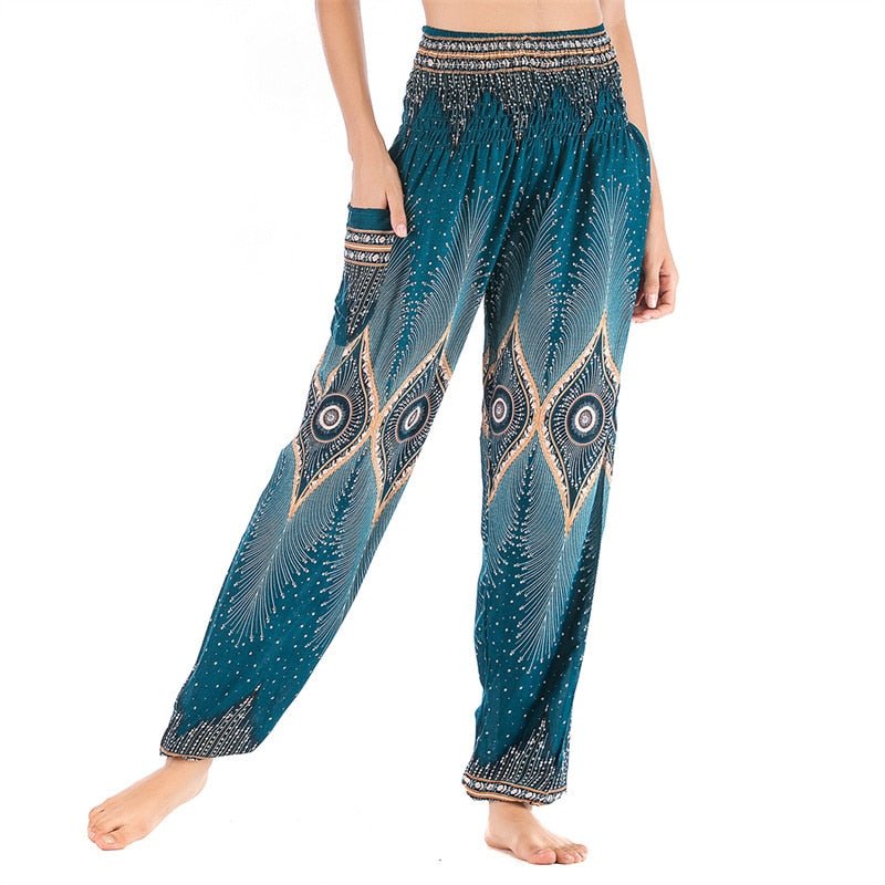 Women's Hippie Yoga Pants | Blue Aztec Design | Free Size