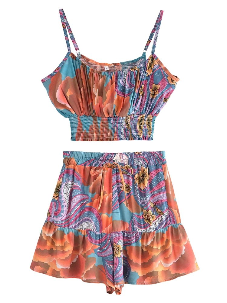 Women's Star and Moon Two Piece Suit | Sleeveless Top + Bohemian Shorts | 2 Pieces Outfit | S-L