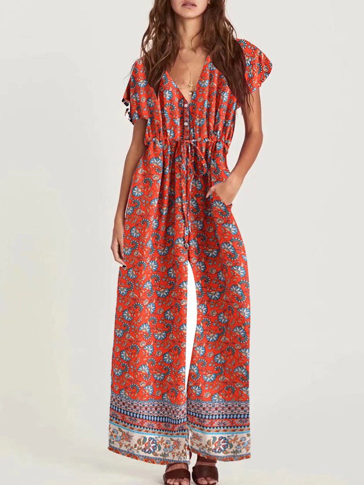 Women's Full Length Red Floral Printed Boho Jumpsuit | Short Sleeve + V-neck | S-L