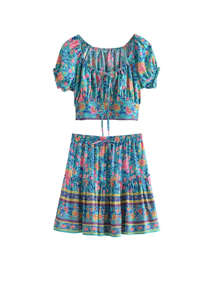 Women's Cute Boho Two Piece Outfit | Top + Bohemian Skirt | S-L | Various Colours
