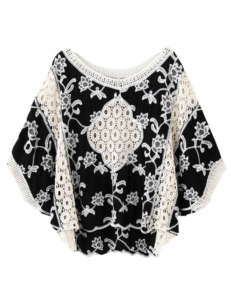 Vintage Women's Lace Embroidery Top | Batwing Sleeves | Free Size