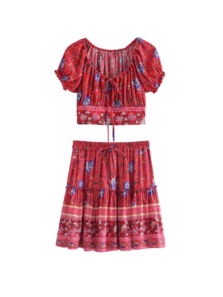 Women's Cute Boho Two Piece Outfit, Top + Bohemian Skirt, S-L