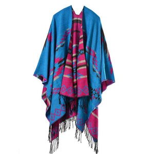 Ethnic Blanket Poncho With Tassels | Light Bluez | Free Size