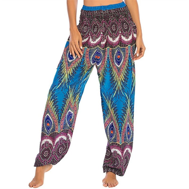 Women's Hippie Yoga Pants | Boho Peacok Design | Free Size