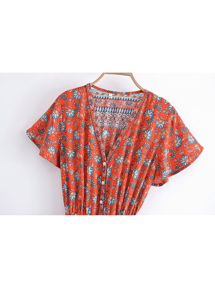 Women's Full Length Red Floral Printed Boho Jumpsuit | Short Sleeve + V-neck | S-L