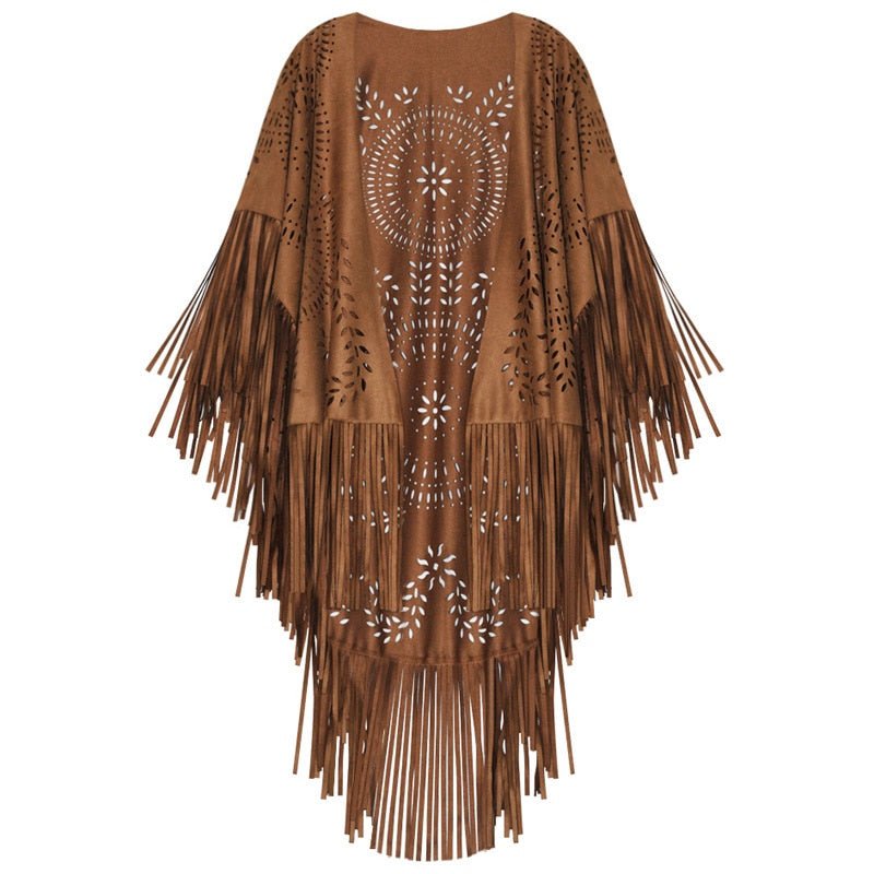 Women's Bohemian Brown Cardigan Cloak With Tassels | Hollowed Out | Free Size
