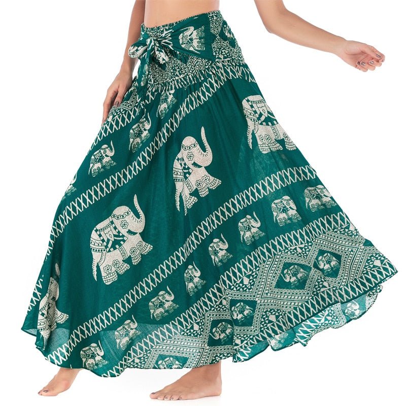 Women's Green Elephant Versatile Bohemian Skirt Dress | Dual Purpose | Free Size