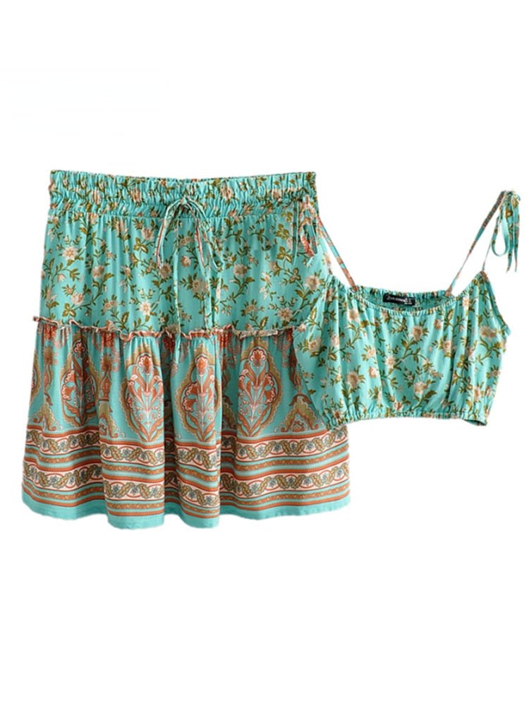 Women's Casual Boho Two Piece Outfit | Beach Styled Top + Bohemian Skirt | S-L | Various Colours