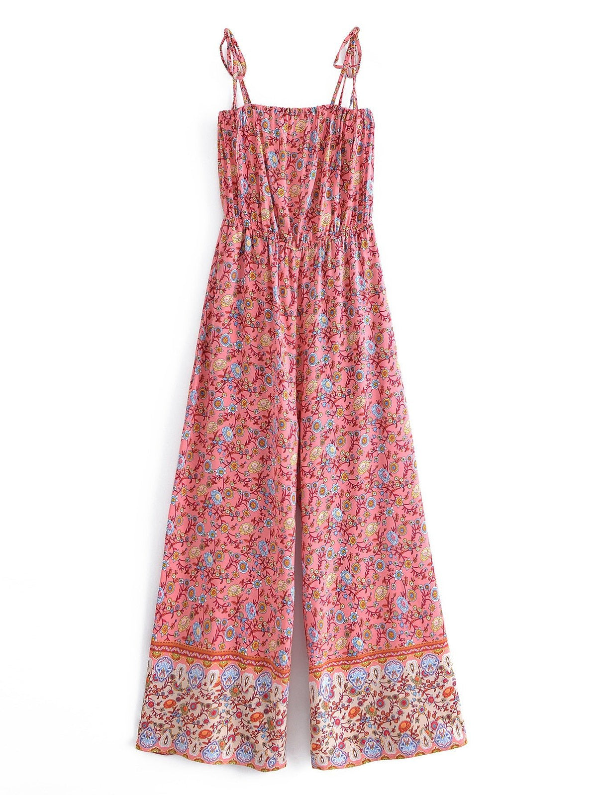 Women's Full Length Red Floral Printed Boho Jumpsuit | Strapless + V-neck | S-L