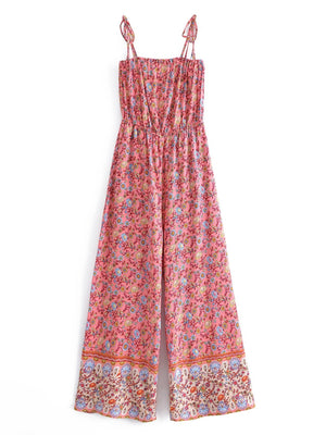 Women's Full Length Red Floral Printed Boho Jumpsuit | Strapless + V-neck | S-L