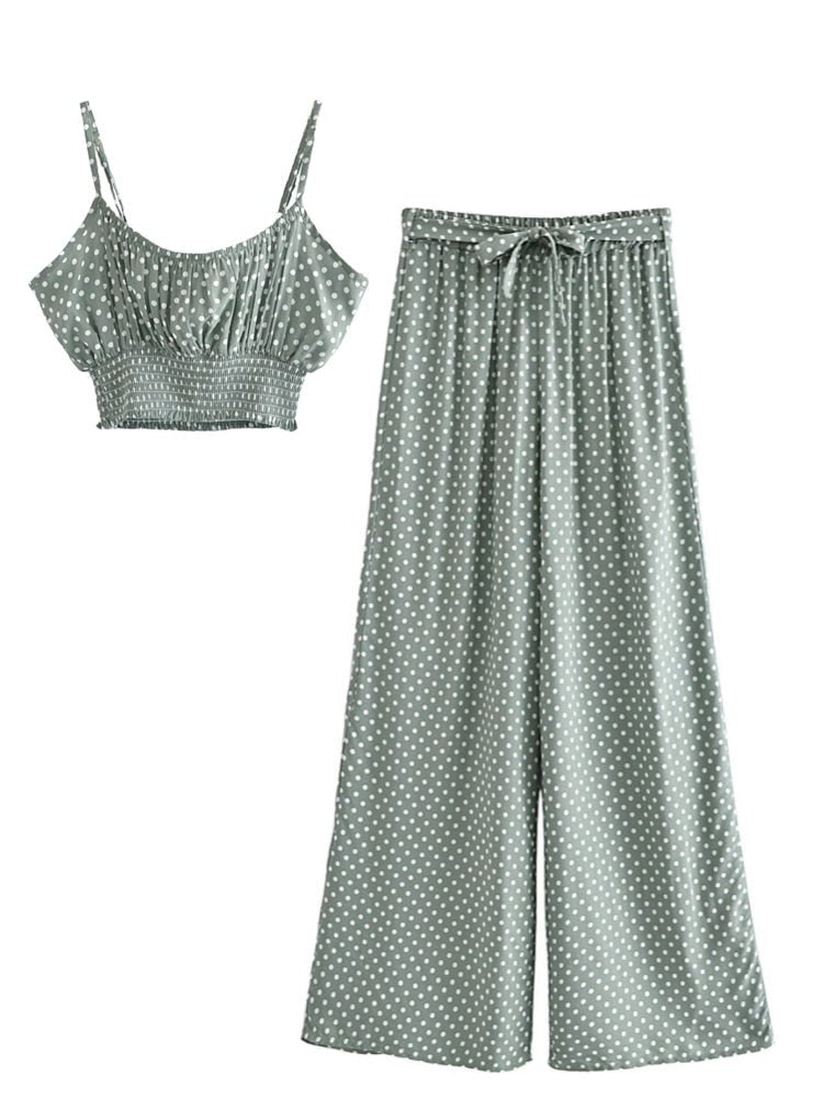 Women's Light Green Boho Two Piece Outfit | Sleeveless Top + Bohemian Pants| S-L