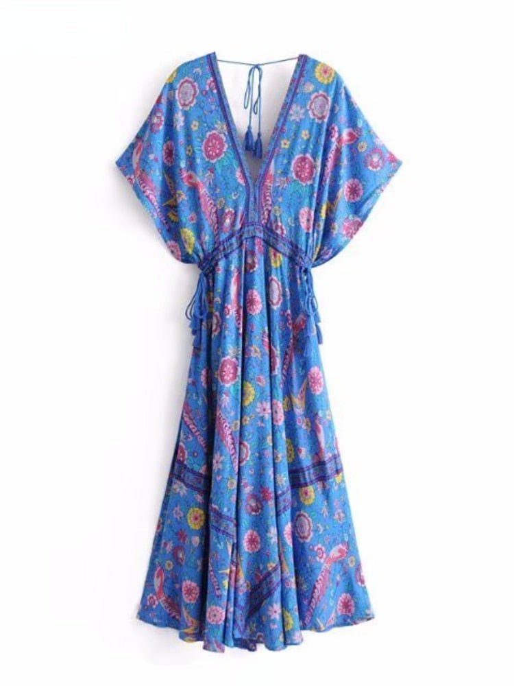 Women's Vintage Peacock Bohemian Maxi Dress | V-Neck | Various Colours