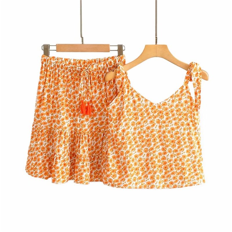 Women's Orange Floral Two Piece Suit | Sleeveless Top + Mini Skirts | S-L