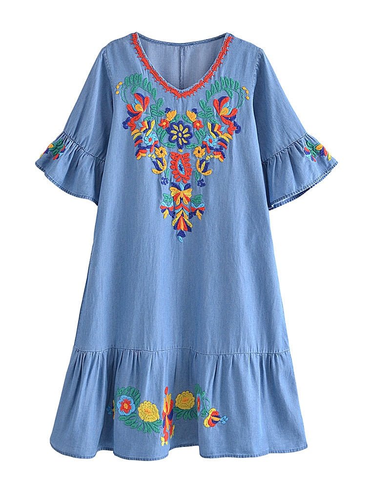 Women's Old School Hippie Beach Mini Dress | Denim | M-L