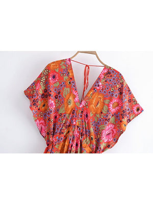 Bright Women's Summer Boho Dress | Batwing Sleeves + V-Neck | S-L