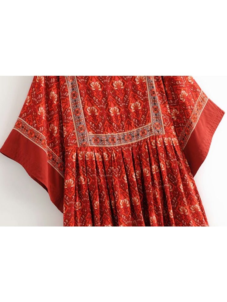 Women's Red Floral Bohemian Mini Dress | O-Neck + Batwing Sleeves | S-L