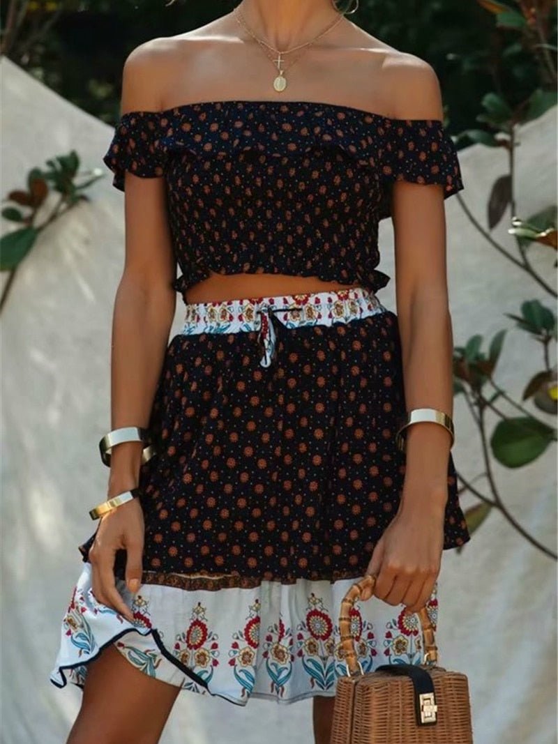 Women's Boho Off Shoulder Strapless Red Or Black Top With Matching Mini Skirt | Clothing Set | M-L