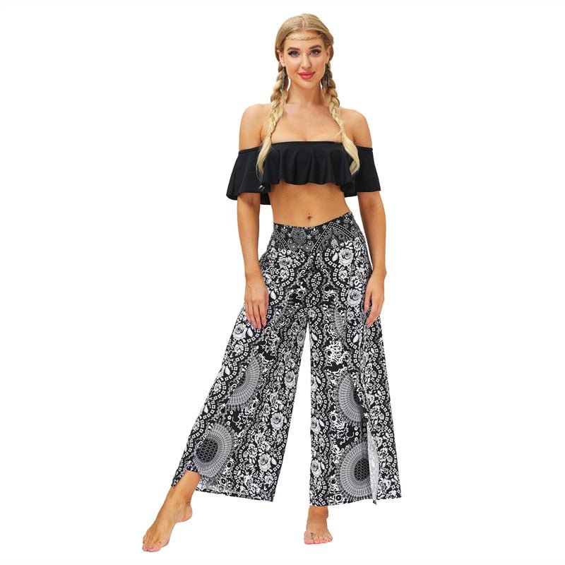 Women's Casual Slit Wide Leg Hippie Boho Pants | Bohemian Black | S-L
