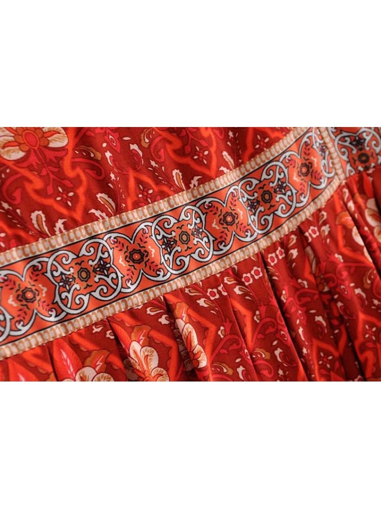 Women's Red Floral Bohemian Mini Dress | O-Neck + Batwing Sleeves | S-L