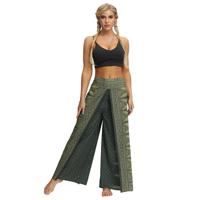 Women's Casual Slit Wide Leg Hippie Boho Pants | Festival Green Design | S-L