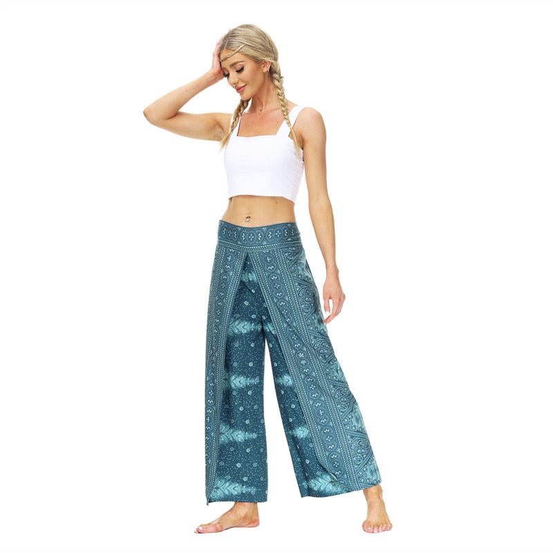 Women's Casual Slit Wide Leg Hippie Boho Pants Blue Genie Design