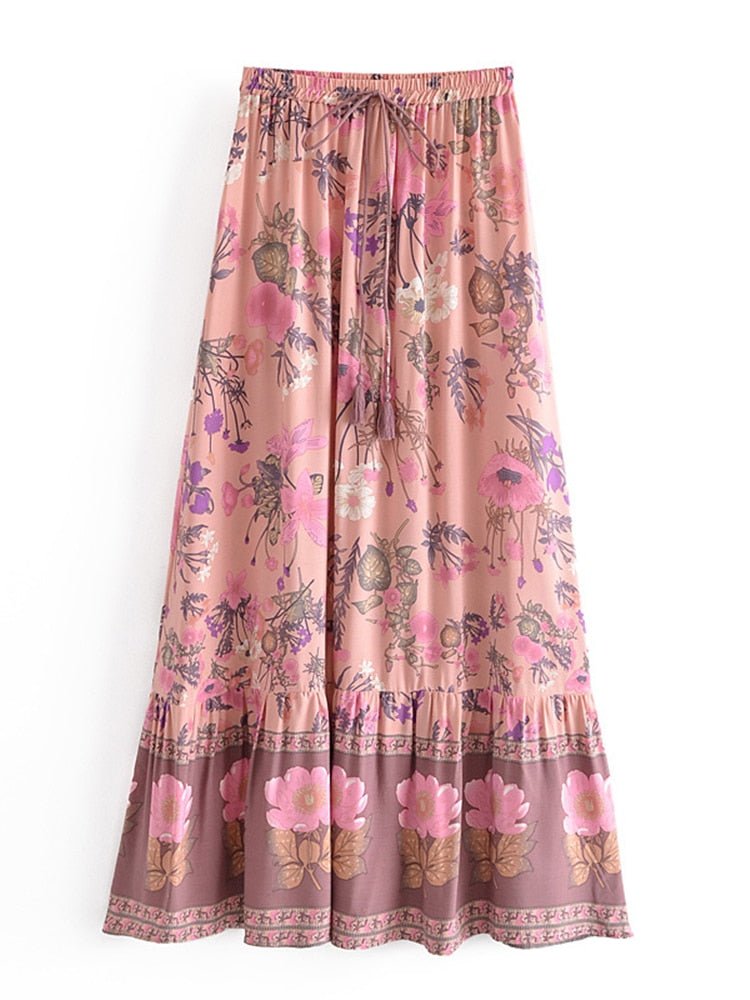 Elegant Hippie Chic Long Maxi Bohemian Skirt | High Waisted | S-L | Pink & Yellow