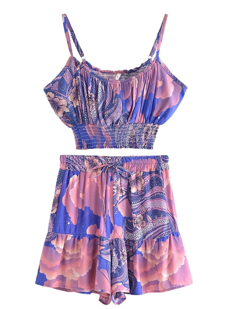 Women's Star and Moon Two Piece Suit | Sleeveless Top + Bohemian Shorts | 2 Pieces Outfit | S-L