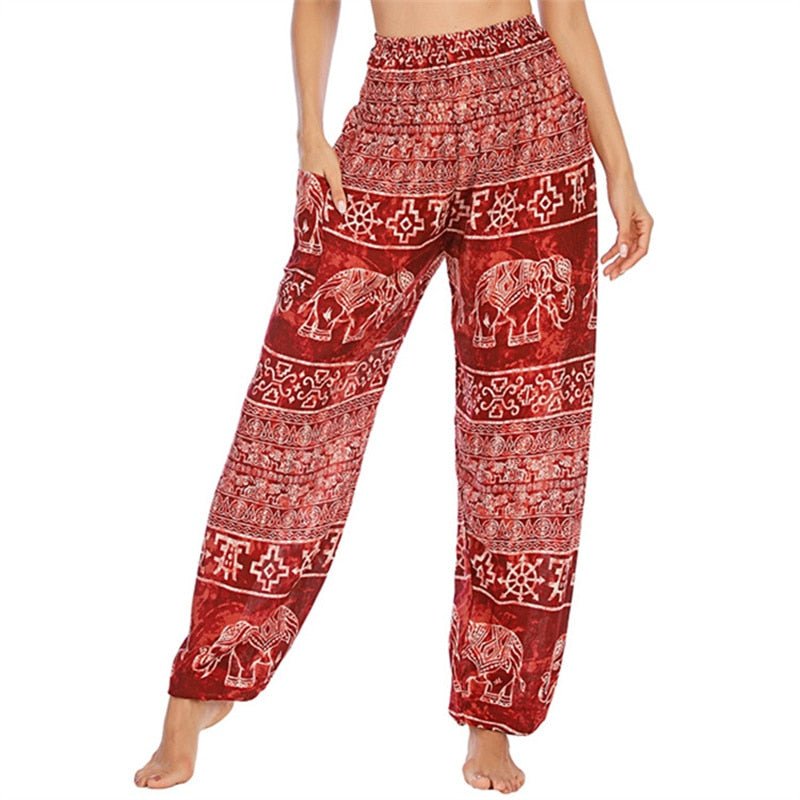 Women's Hippie Yoga Pants | Red Thai Elephant Design | Free Size