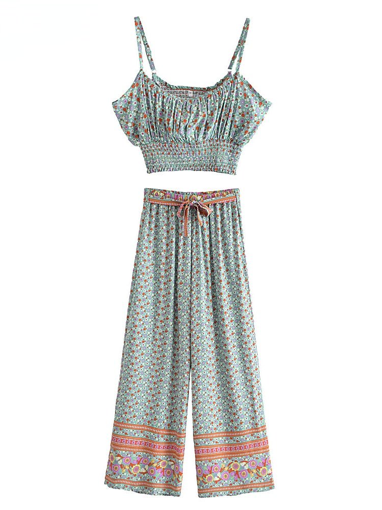 Women's Green Floral Bohemian Two Piece Outfit | Sleeveless Top + Loose Pants | S-L