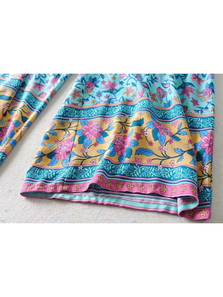 Women's Blue 60's Flower Child Two Piece Outfit | Sleeveless Top + Bohemian Pants | S-L