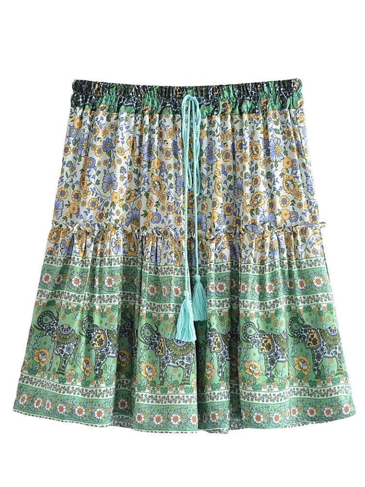 Vintage Styled Green Hippie Skirt | With Tassels | M-L