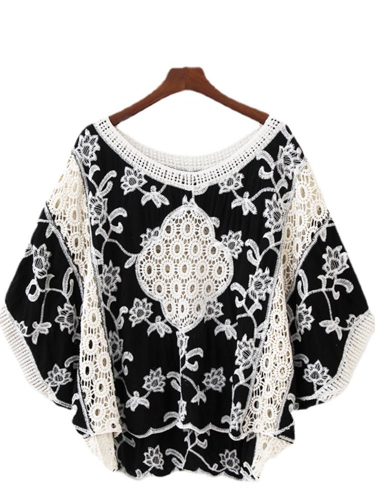 Vintage Women's Lace Embroidery Top | Batwing Sleeves | Free Size