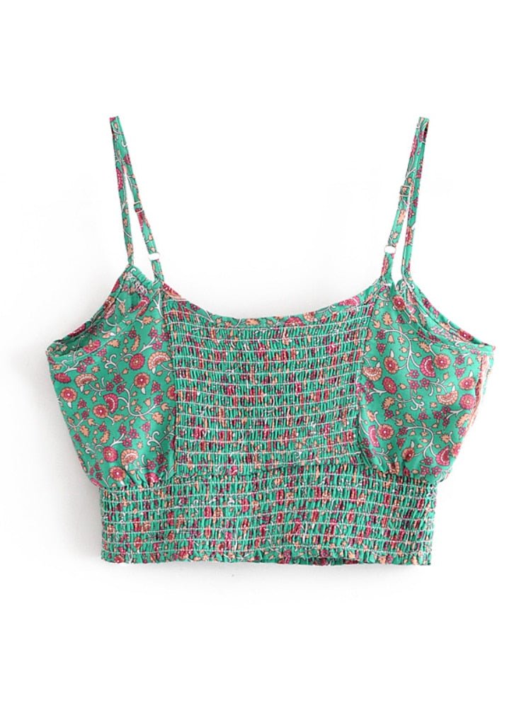 Women's Vintage Green Floral Two Piece Set | Strapless Tops + Bohemian Pants | S-L
