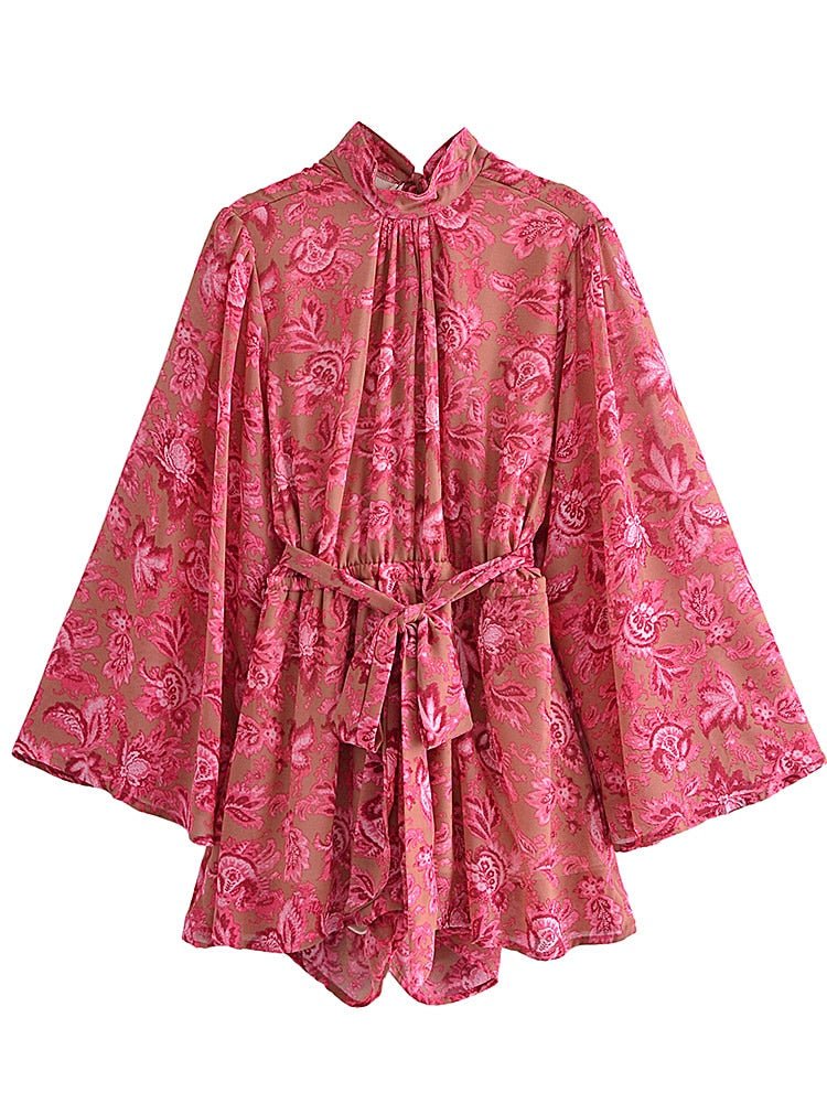 Vintage Backless Women's Flare Sleeved Romper | Red Floral Print | XS-2XL