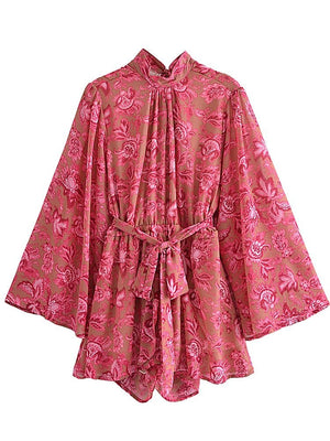 Vintage Backless Women's Flare Sleeved Romper | Red Floral Print | XS-2XL