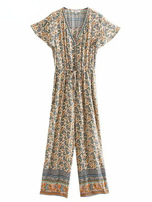 Women's Full Length Multi-Colour Floral Printed Boho Jumpsuit | Short Sleeve + V-neck | S-L