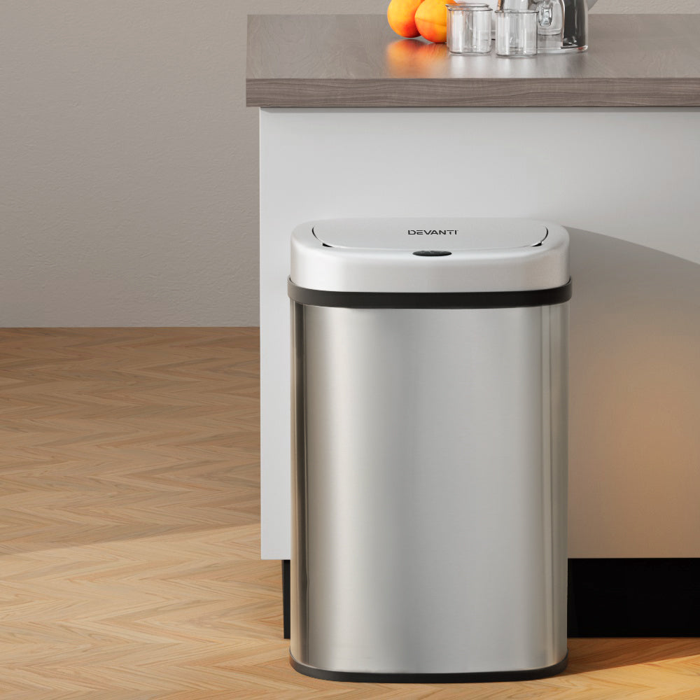 Devanti Stainless Trash Can | Automatic Touch Free Sensor Bin | Motion Rubbish