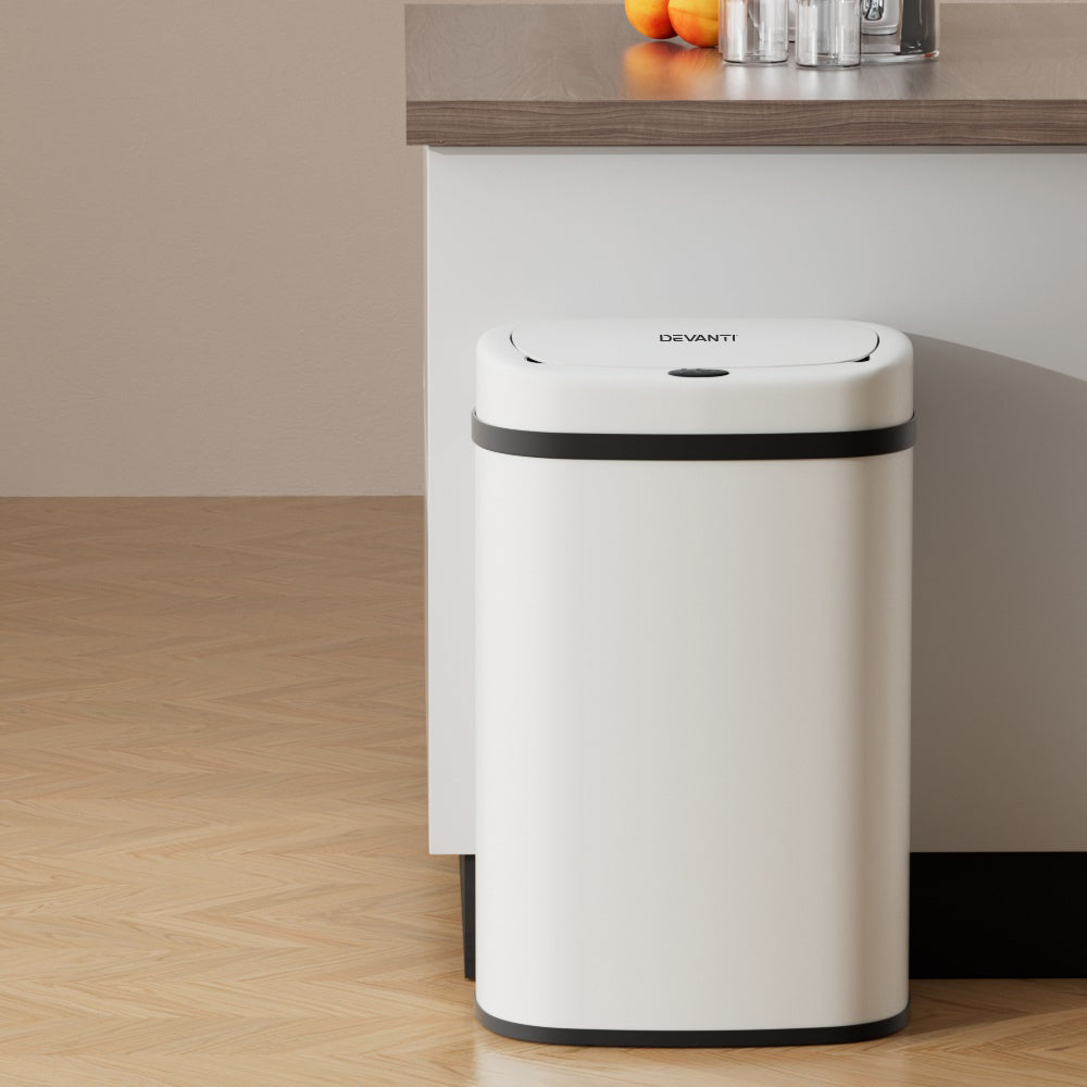 Devanti White Sensor Bin | Motion Rubbish Trash Can | Touch-Free | Kitchen